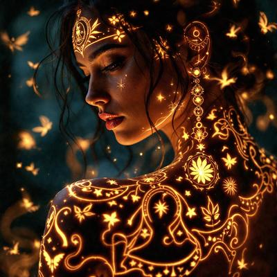 The primary subject of the image is a woman with a tattoo on her back. The setting is a dark room, and the visual style is a combination of a photo and digital art. The woman is wearing a headpiece, and the dominant colors are yellow and orange, creating a warm and vibrant atmosphere.